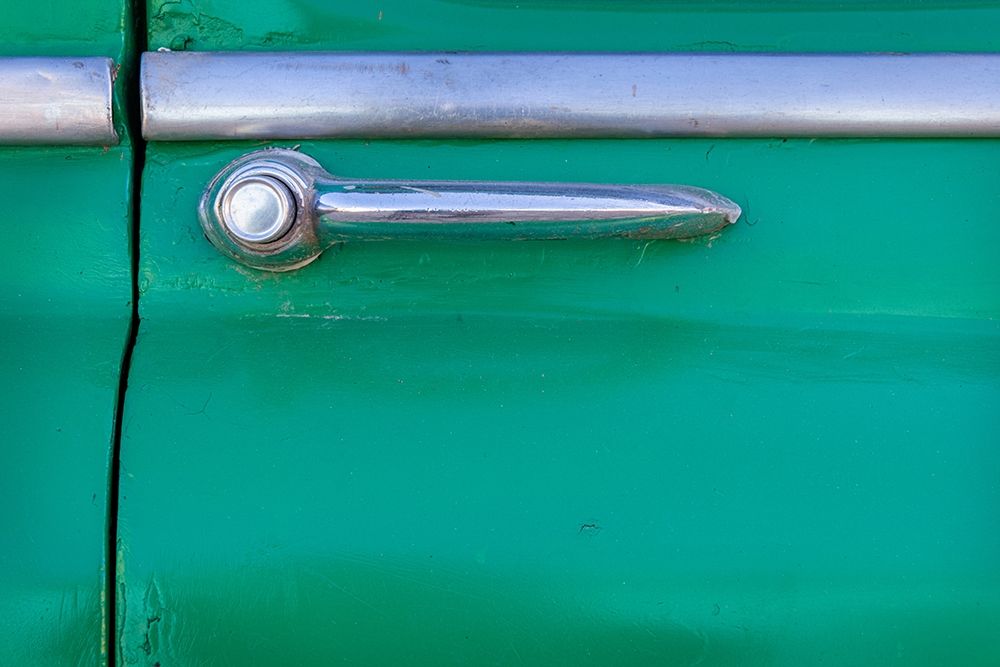 Detail of door handle on classic green car in Trinidad-Cuba art print by Janis Miglavs for $57.95 CAD